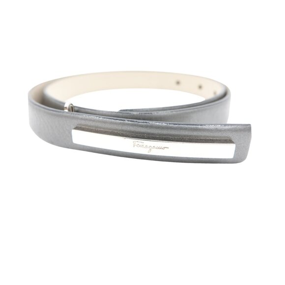 Salvatore Ferragamo Pewter Leather Thin Belt with Silver Logo Plate